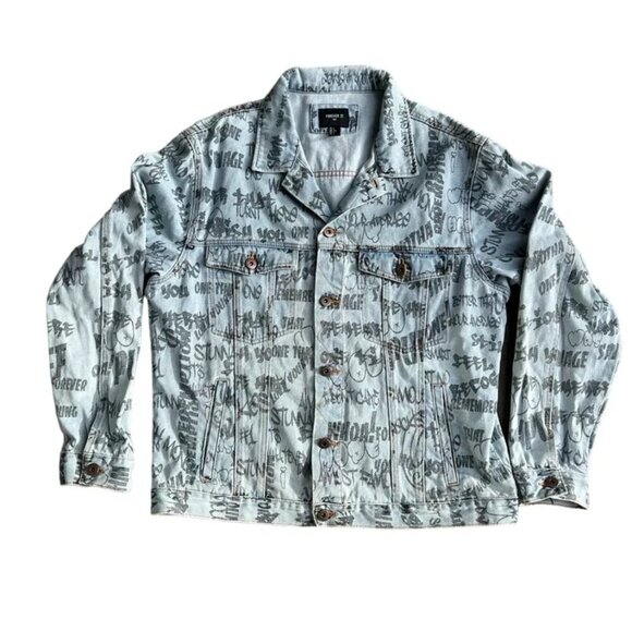 Forever 21 Mens Jean Jacket Graffiti Scribble Denim Cropped Hip Hop Faded Sz L - Picture 5 of 6